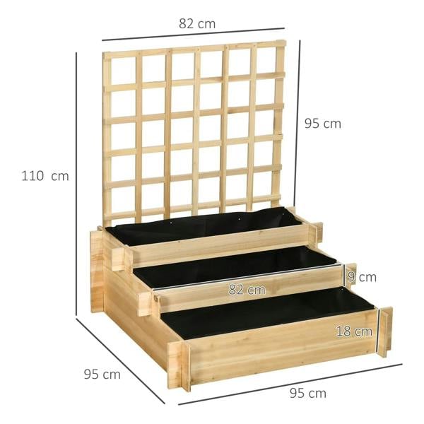 Natural wood 3-tier raised planter with trellis showing dimensions and black liner inside beds