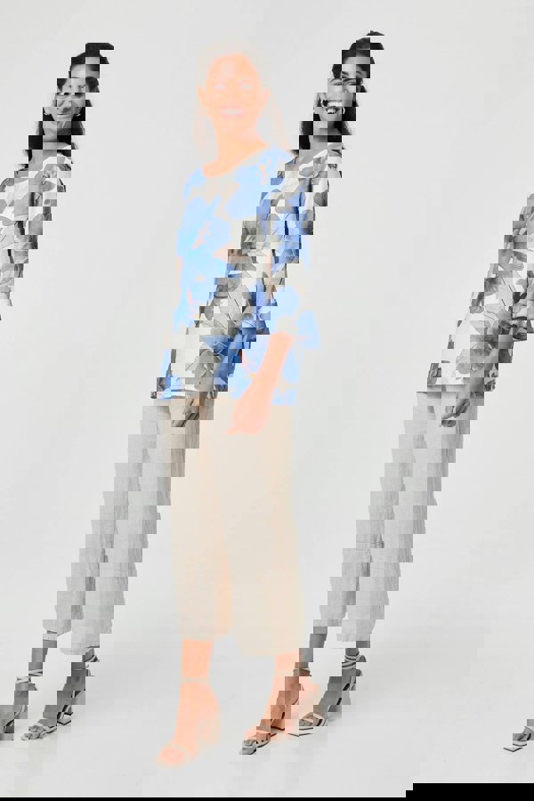 Blue | Floral 3/4 Flared Sleeve Relaxed Blouse
