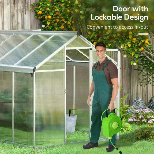 Walk-in greenhouse with lockable door and clear polycarbonate panels