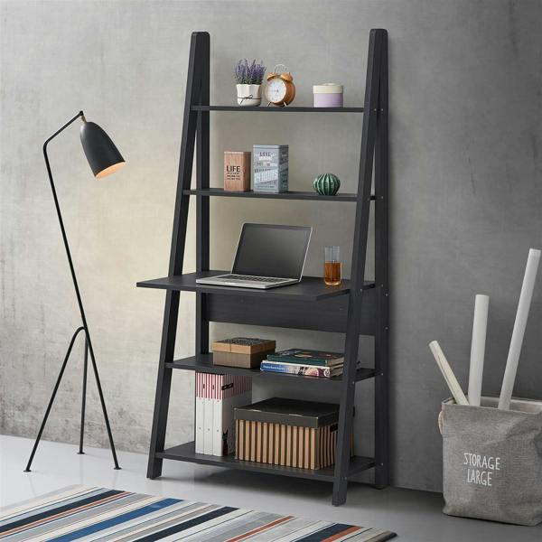 Timber Art Design Riva Ladder Bookcase with 5 Tier Shelves & Overhanging Desk Shelf