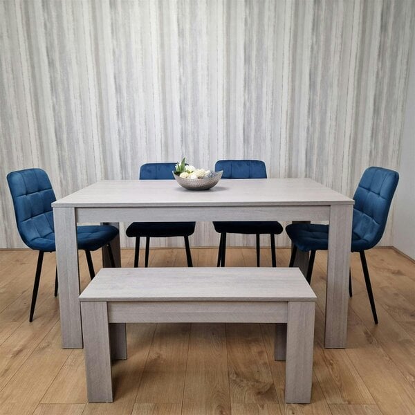 Kosy Koala Modern Grey Rectangle Dining Table Set With 4 Grey Velvet Chairs And 1 Grey Bench Dining Room Furniture - Table + 4 blue Chairs + 1 bench - 140cm (L) x 80cm (W)