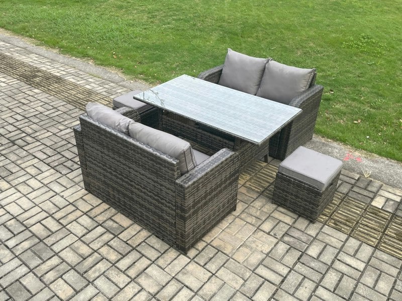Fimous Patio Rattan Garden Furniture Set with Oblong Rectangular Dining Table 2 Small Footstools 6 Seater Outdoor Loveseat Sofa Set Dark Grey Mixed