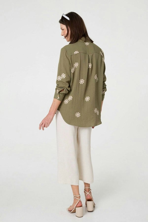 Khaki | Snowflake Embroidered Long Sleeve Shirt
