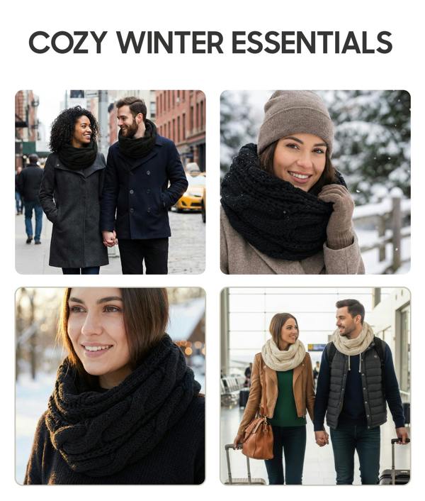 VIA MONTEN Women’s Winter Scarf, Beige Cable Knit Infinity Neck Warmer Loop Scarf for Cold Weather