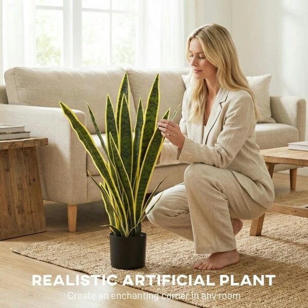 Bobobiy Artificial Snake Plant 21 Variegated Leaves Fake Plant in Pot Indoor Outdoor Decor Green
