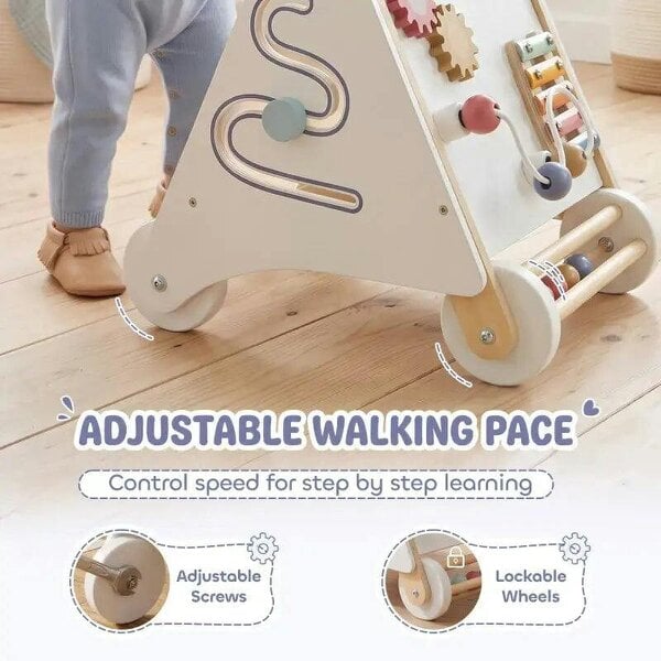 Bobobiy Wooden Baby Walker, Montessori Push Along Toy with 5 Blocks and Xylophone Mallet, Adjustable Speed for Toddlers 1.5-3Y