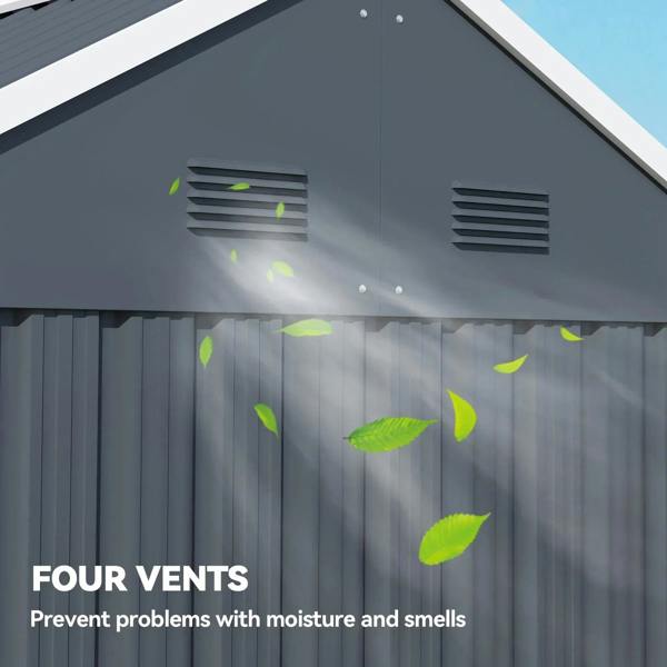 Dark grey galvanised metal shed roof with ventilation vents near eaves