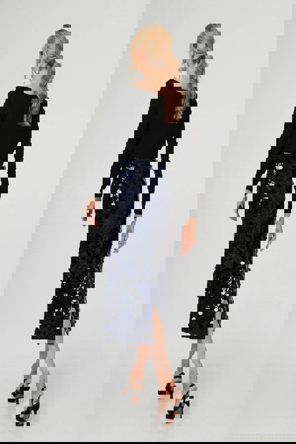 Navy | Sequin Embellished Straight Midi Skirt
