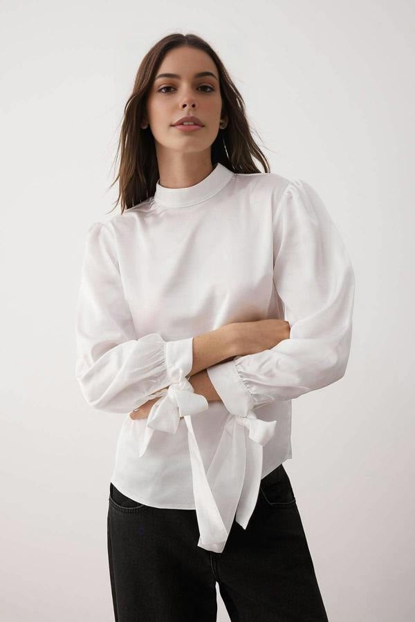 WOVCOR Satin Woven Blouse with Tie Detail