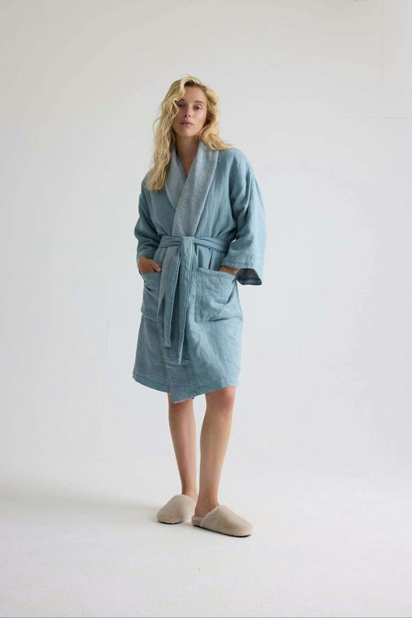 Pretty You London Short Terry Lined Linen Robe In Blue Haze