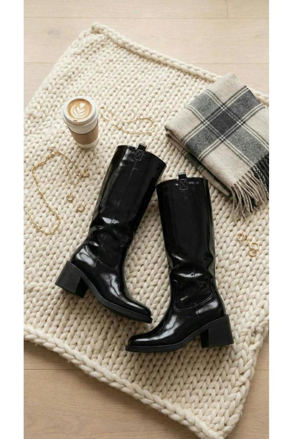Verira Patent Knee High Block Heel Boots - Black