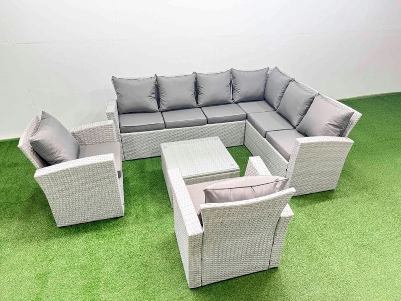 Fimous Rattan Garden Outdoor Furniture Set 8 Seater Rattan Garden Sofa Set with 2 Armchairs Light Grey Mixed