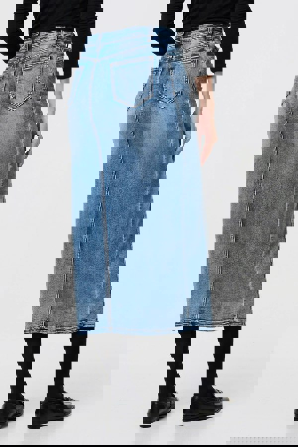 Blue | Washed Denim Split Hem Knee Length Skirt
