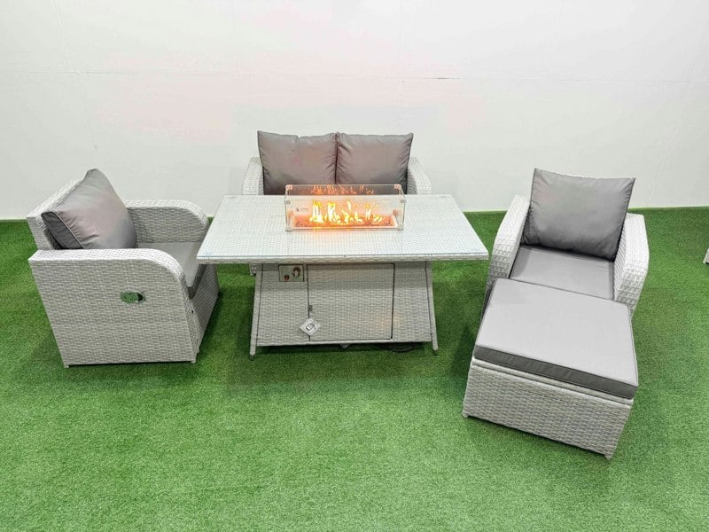 Fimous Light Grey PE Wicker Rattan Garden Furniture Set Sofa Set Reclining Chair Fire Pit Dining Table 5 Seater With Footstool