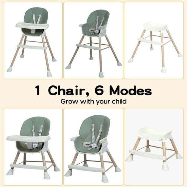 Dekko Baby High Chair Safe Feeding 6-In-1 Removable Seat Tray Adjustable Green