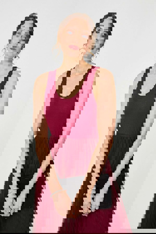 Burgundy | Layered Knit Top Mesh Pleated Midi Dress