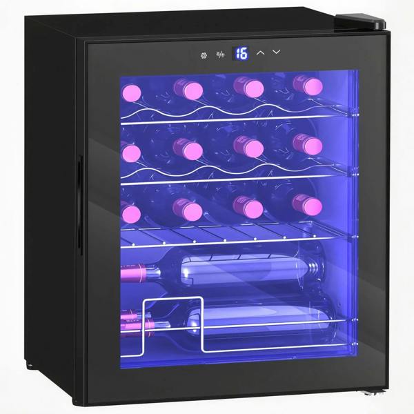 Black compact 16-bottle wine cooler fridge with tinted glass door and wire shelves