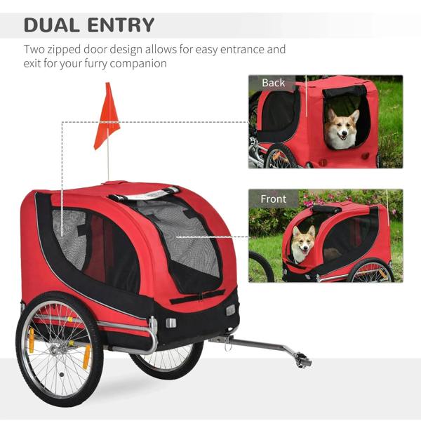 Red and black bike pet trailer with zippered dual entry and front hitch coupler