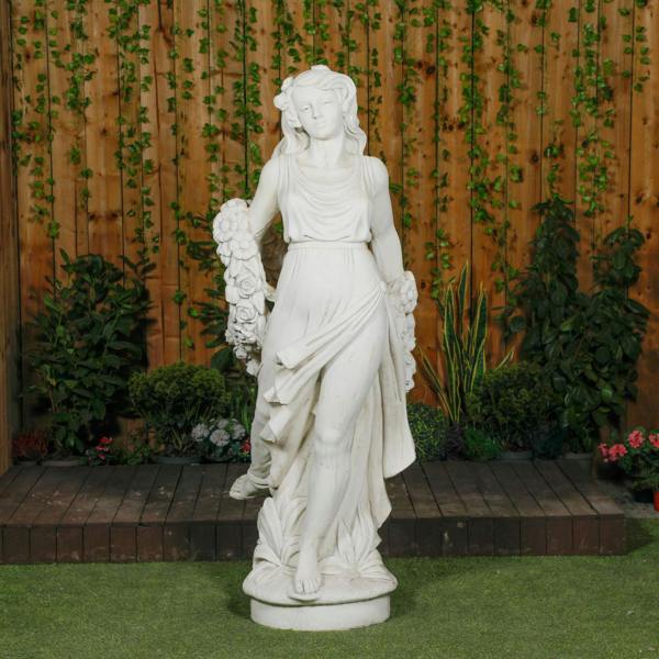 Elegant White Stone Cast Lady With A Rose Garland  1 m 76 Tall 