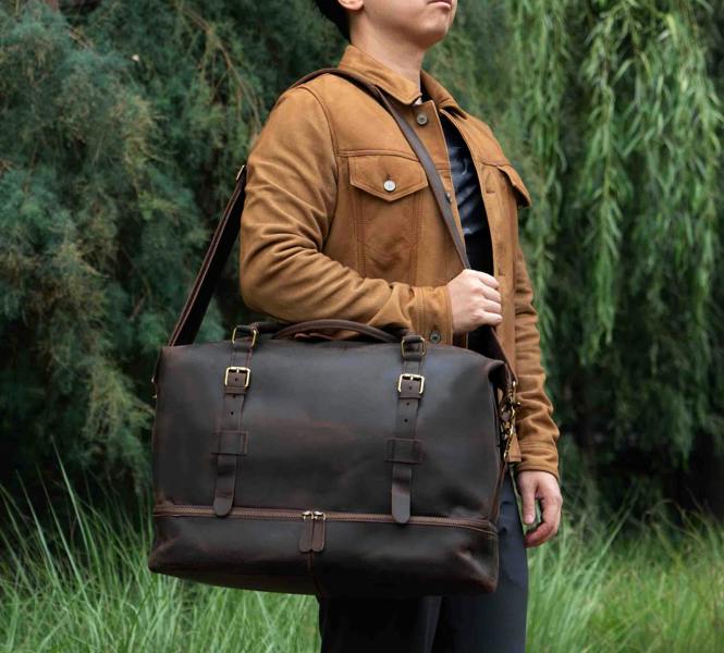 Touribag Leather Weekend Bag With Suit Compartment Dark Brown