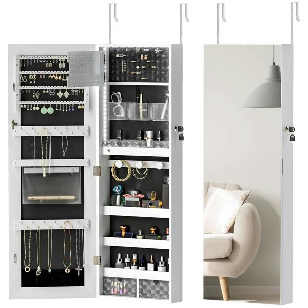 Lockable jewellery cabinet with white exterior and black-lined open interior, shelves and hooks