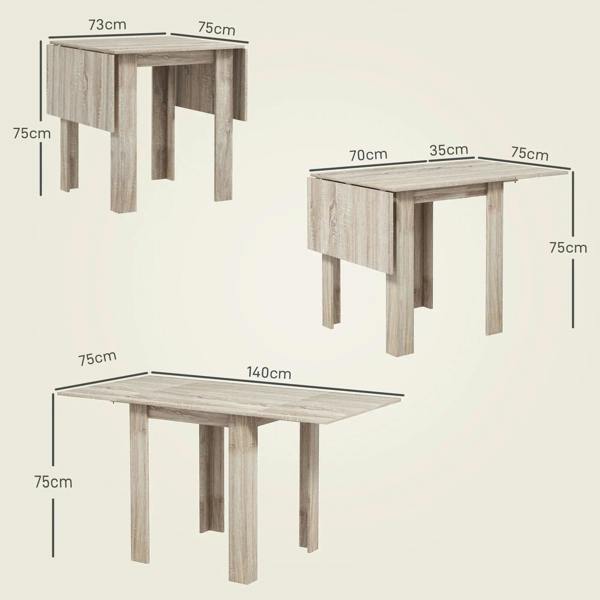 Oak-effect drop leaf dining table size diagram with folded and expanded leaf views