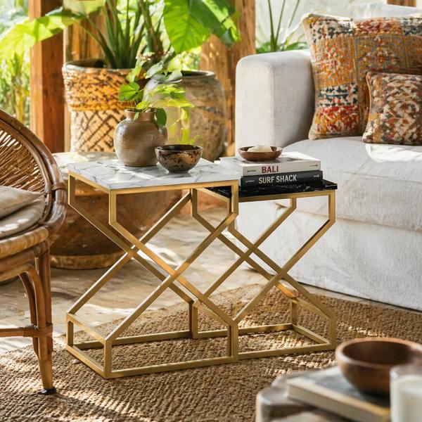 Wyld Haus Revi Set Of 2 Marble Effect Nesting Side Tables Gold Metal Legs