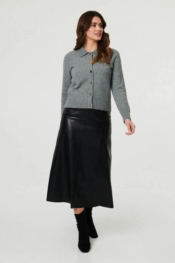 Grey | Textured Button Front Collared Cardigan