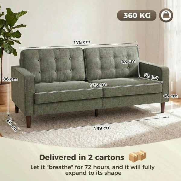 3 Seater Sofa Button Tufted Upholstered Couch with Wood Legs for Living Room, Green