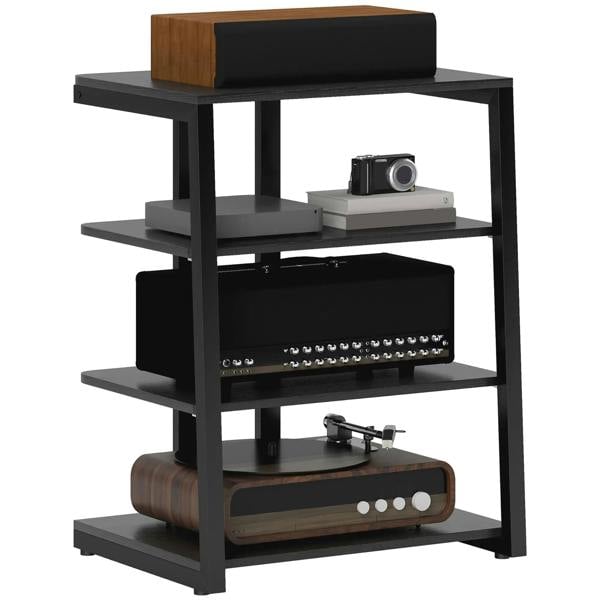Black HiFi audio stand with four open storage shelves and tabletop ledge