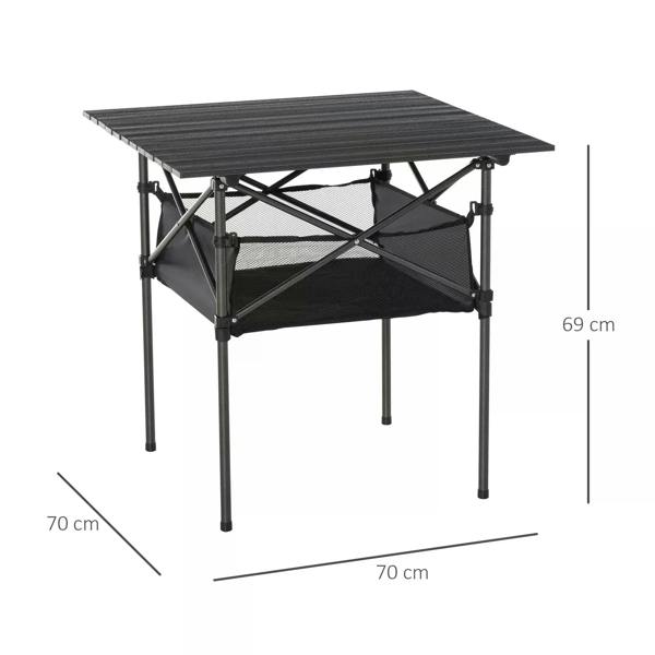 Black folding camping table with mesh storage shelf; side view with size markings.