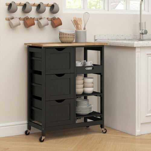 Wyld Haus Tovafi Wooden Black Compact Rolling Kitchen Island With Wood Top Shelves And Drawers