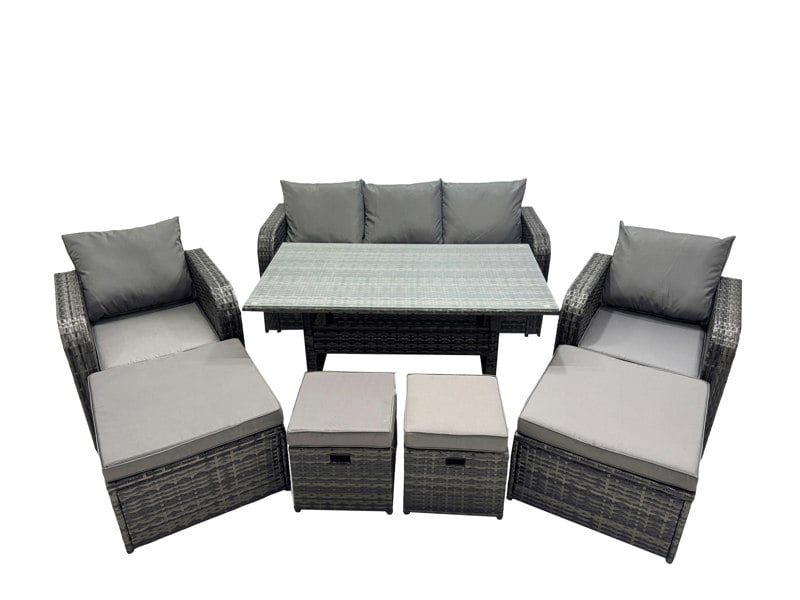 Fimous 8 Seat Outdoor Wicker PE Rattan Garden Furniture Set Dining Table Sofa Set with 4 Stools Dark Grey Mixed