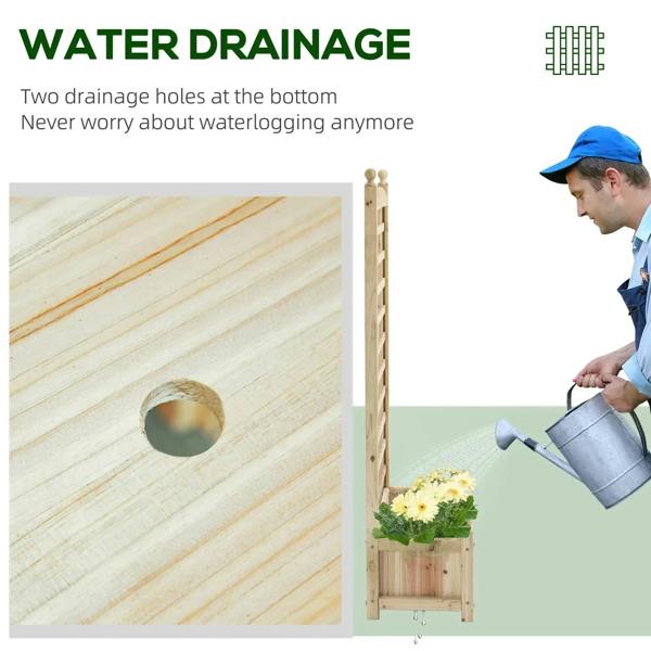Wood planter box showing bottom drainage hole and watering can spout