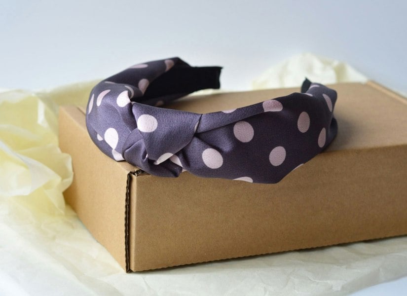 Antonia York Leah Rigid Headband Mauve Silky Fabric with Pink Polka Dots