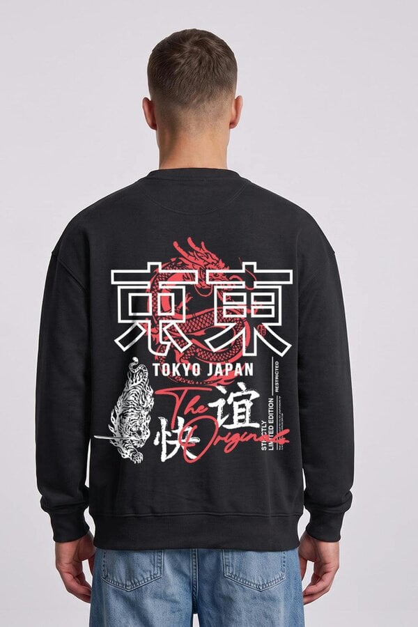 London Attitude Oversized Tokyo Dragon & Tiger Sweatshirt in Black