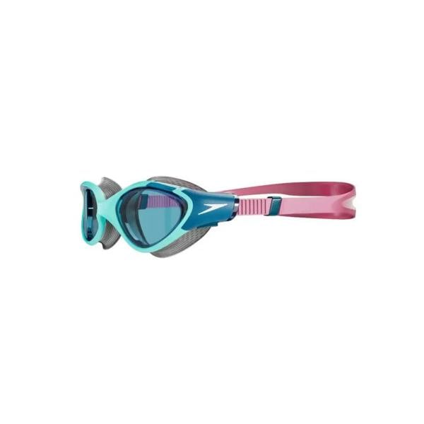 Speedo Biofuse 2.0 female goggles in blue and pink with clear lenses and push button mechanism