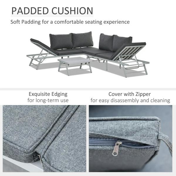 Grey padded patio cushion set with stitched edges and visible zipper on cushion cover