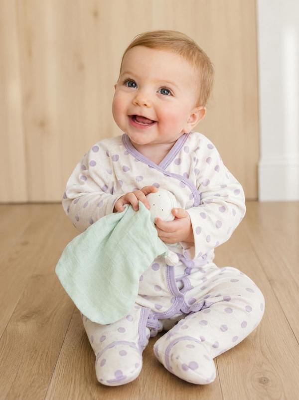 Smiling baby wearing an organic baby footie in GOTS-certified organic Egyptian cotton, with a lavender polka dot print and side-snap wrap front