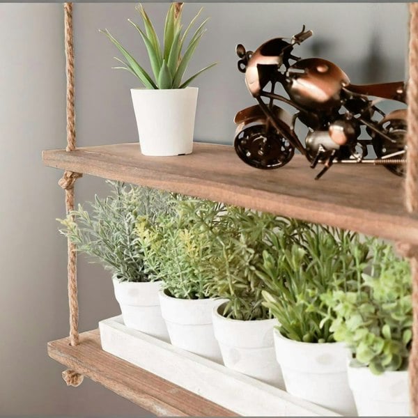 Rafaelo Mobilia 3 Tier Wooden Hanging Shelves With Rope Detail