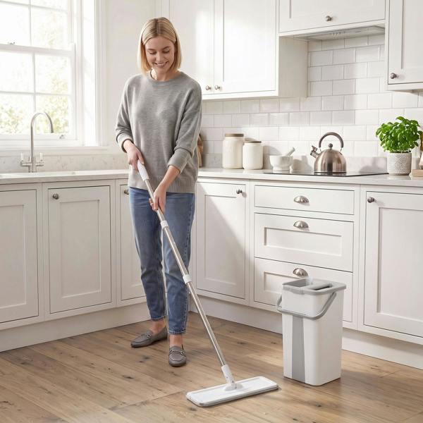 HOMCOM Mop and Bucket Set, Flat Mop System with Wringer, 2 Chambers, White