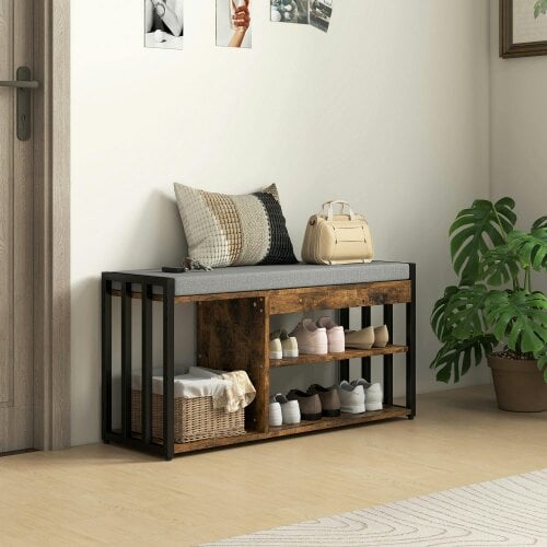 Wyld Haus Soli Wooden Rustic Brown Upholstered Shoe Bench With 3 Shelf and Grey Padded Seat