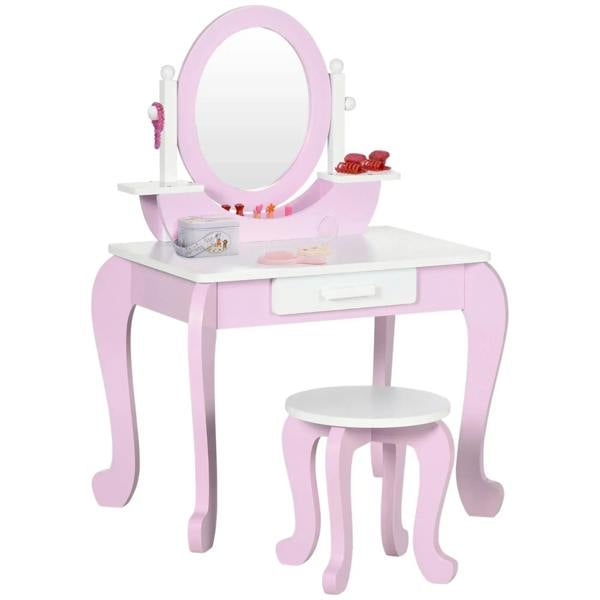 Pink kids dressing table set with round mirror, white tabletop, and matching stool