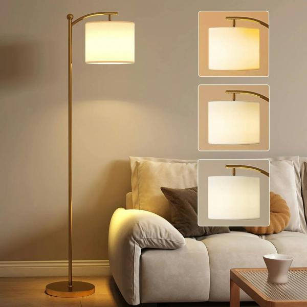 Gold-tone floor lamp with tall metal pole and square frosted light shade
