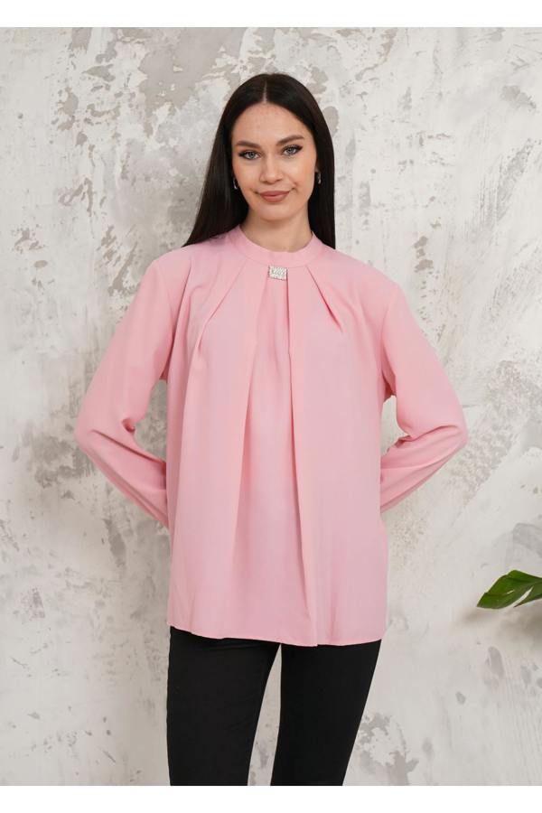 Hoxton Gal Oversized Long Sleeves Brooch Detailed Blouse in Pink
