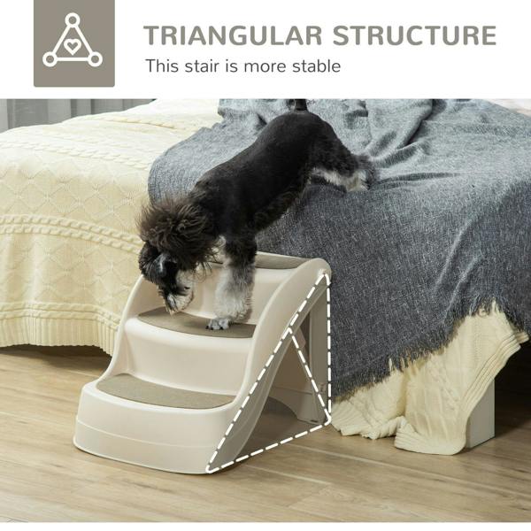 Cream 3-step pet stairs with gray non-slip treads and triangular side supports