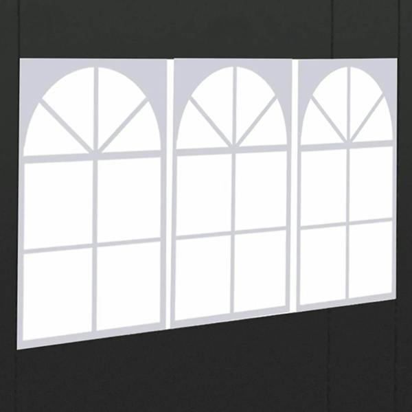 Close-up of arched window insert on black gazebo side panel with grid panes