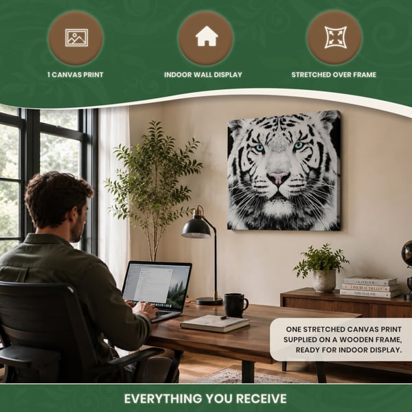 Large Siberian Tiger Canvas Print, Black and White Face Portrait With Coloured Eyes, 60 x 60 cm, Stretched Canvas