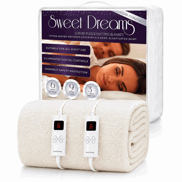 Sweet Dreams Luxury Fleece Electric Blanket Double Size, Machine Washable Underblanket, Digital Control, Overheat Protection