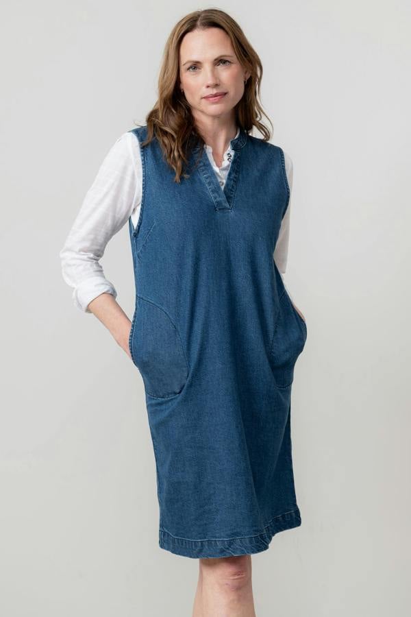 Lily & Me Belle Knee Length Denim Pinafore Dress Blue